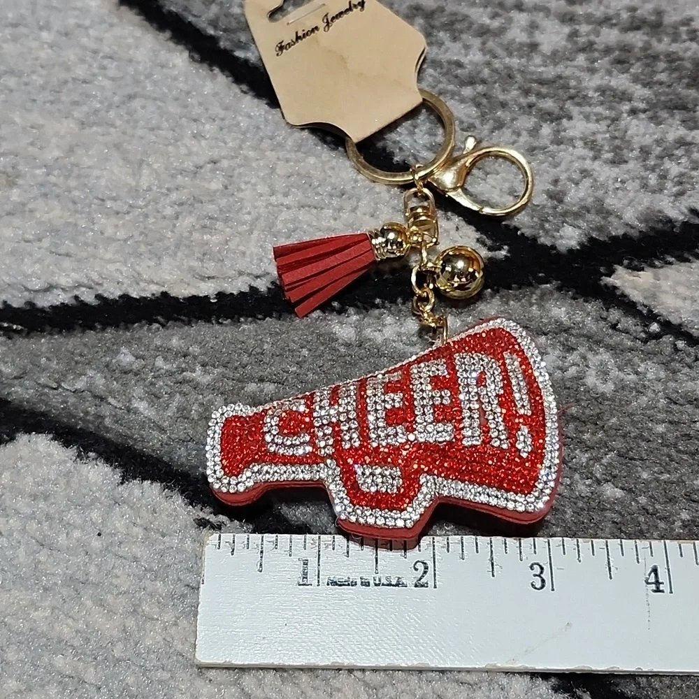 CHEER RHINESTONES RED & SILVER SPARKLING MEGAPHONE KEYCHAIN PURSE CHARM